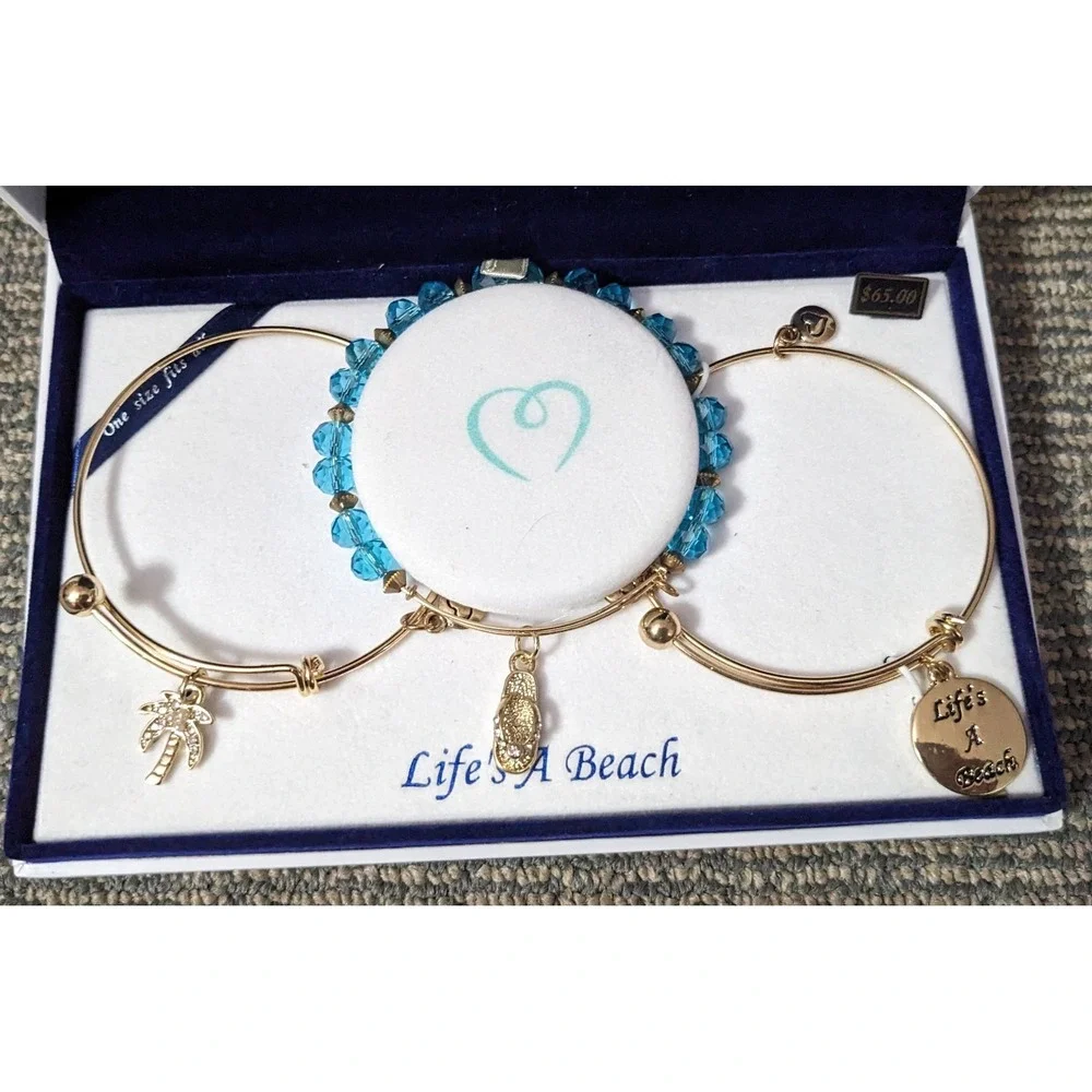 3 PC Bracelet Set Life's‎ A Beach New Gift Ocean Flip Flop Palm Dangle Nautical